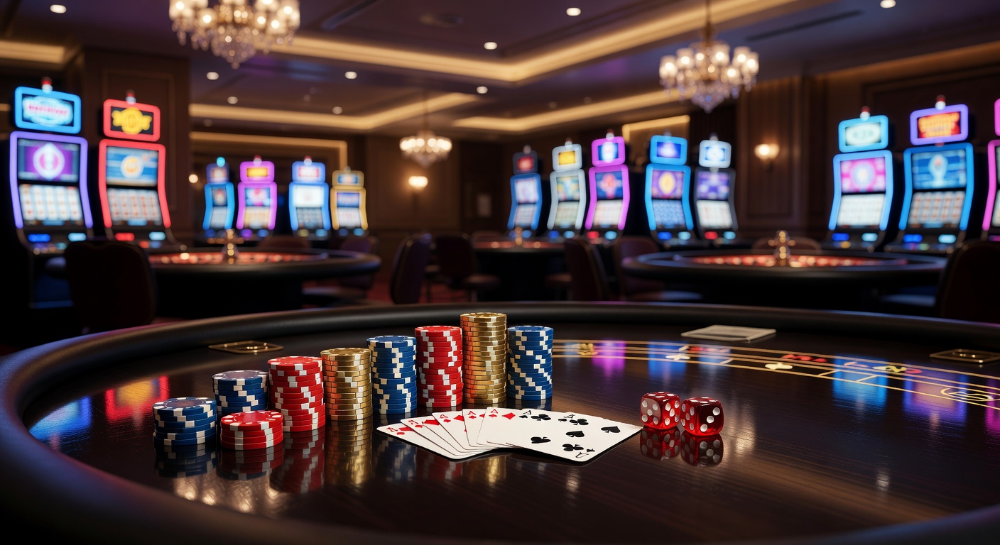 Busy casino floor featuring roulette wheels spinning and players at blackjack tables under bright lights