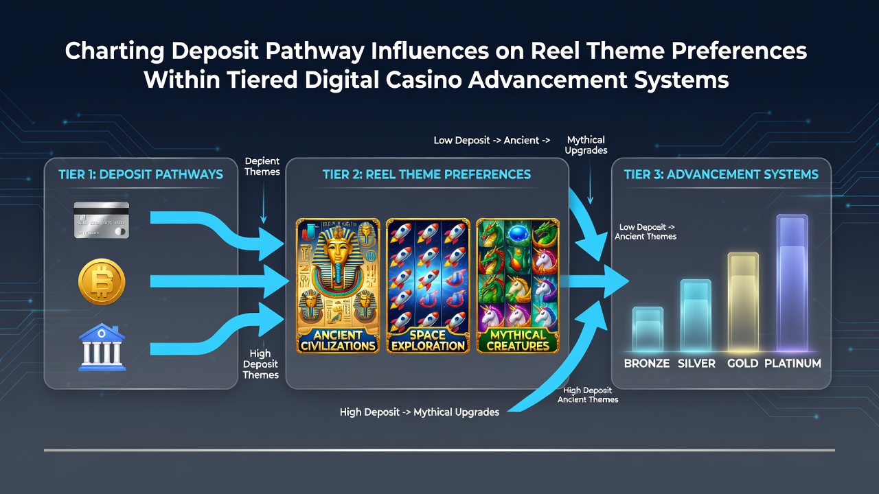 Digital casino interface showing deposit options alongside slot reel themes and loyalty tier progression indicators