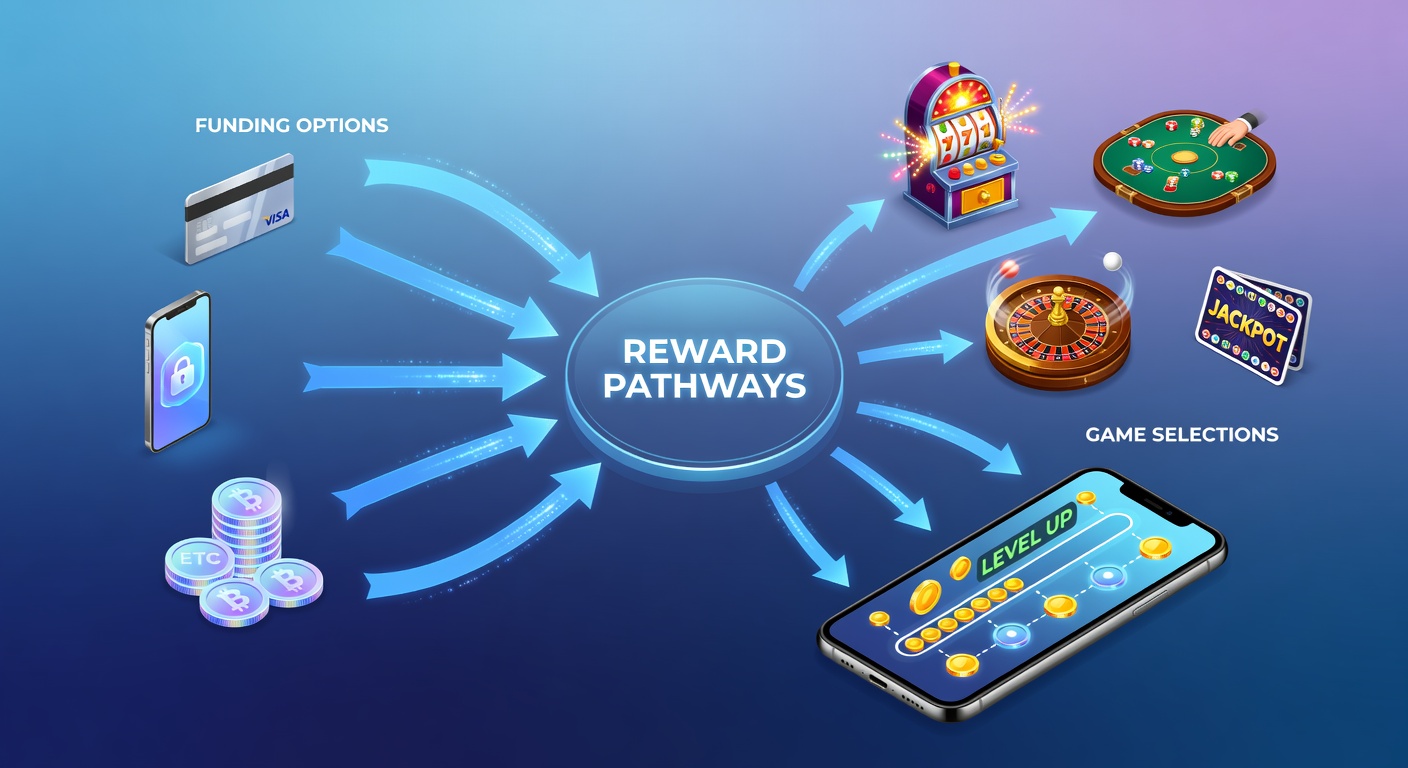 Mobile casino interface showing various payment methods linked to game categories and reward progress bars