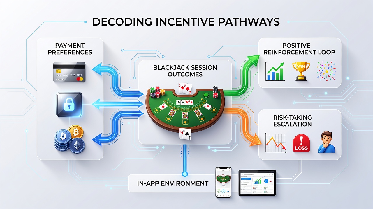 Analytics dashboard displaying connections between payment methods, incentives, and blackjack outcomes