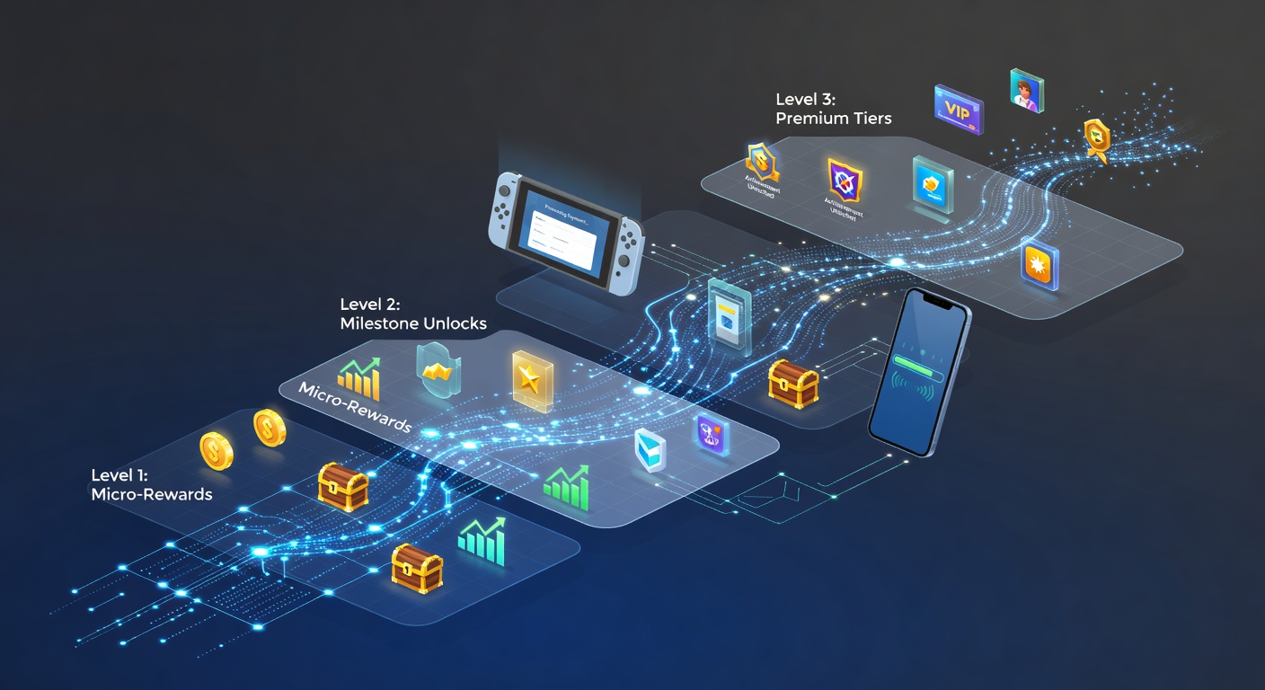 Mobile gaming app dashboard displaying user transaction history alongside tiered reward progression indicators