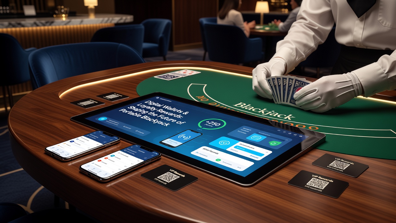 Digital wallet integration on a portable blackjack table interface showing transaction and rewards tracking