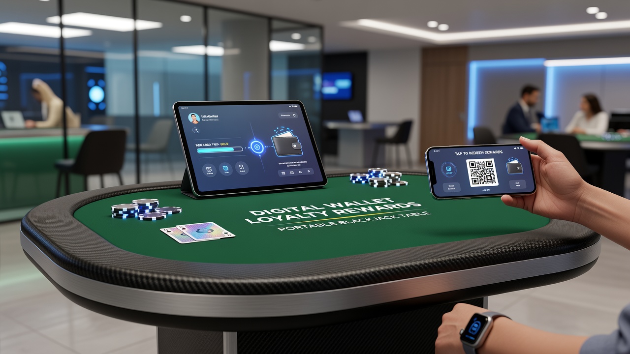 Loyalty rewards dashboard on portable device displaying accumulated points from blackjack sessions funded via digital wallet