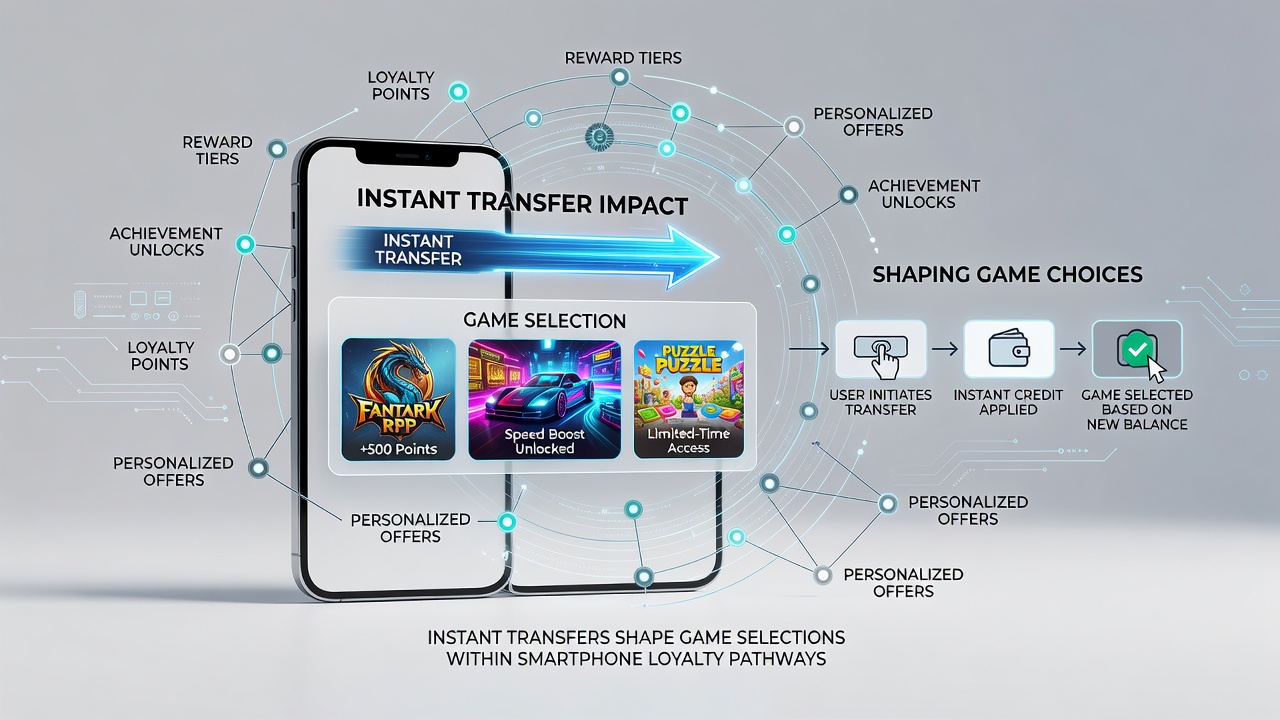Mobile app dashboard displaying loyalty rewards and game categories influenced by instant funding