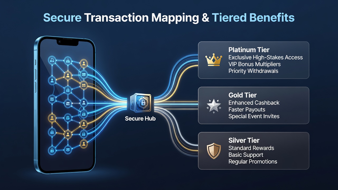 Infographic showing layered membership tiers connected via secure mobile payment pathways in casino apps