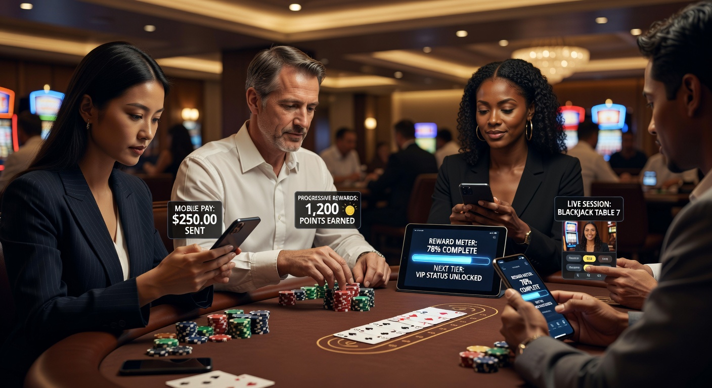 Mobile payment systems integrated with live table game sessions on portable platforms showing reward tracking interface